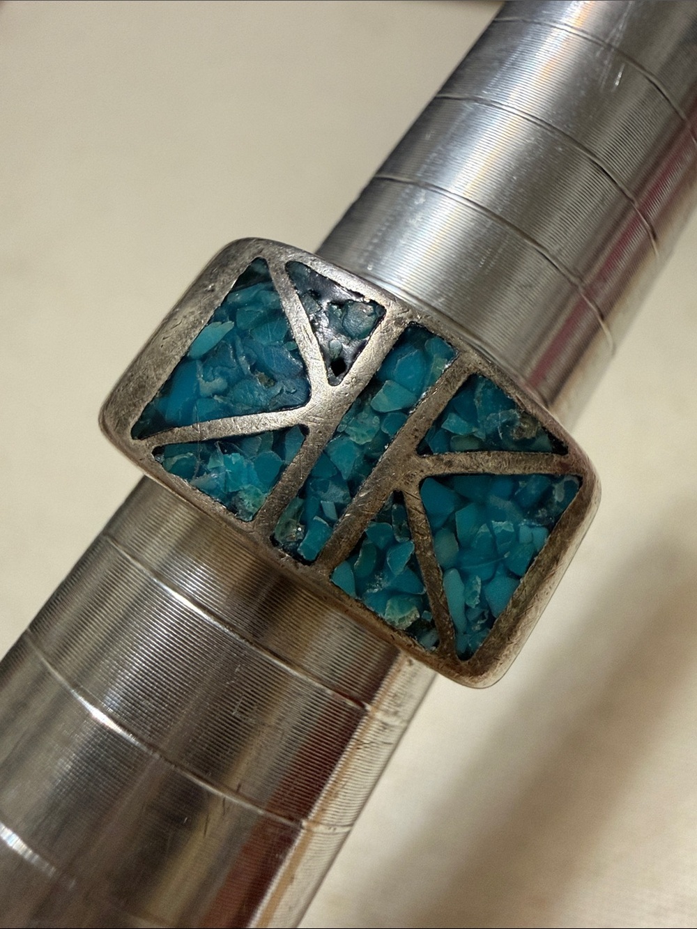 Hand-made Sterling Silver Blue Turquoise Inlay Statement Ring size 6.75
